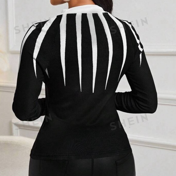 Women’s Stand Collar Black / White Geometric Print Long Sleeve Floral T- Shirt - Picture 2 of 7